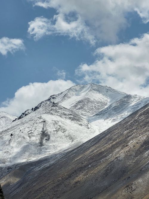 Free A breathtaking view of snow-covered mountain peaks under a partly cloudy sky. Stock Photo