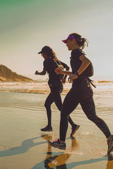 日出时分，两名女子沿着海滩慢跑，感受到一种自由与活力