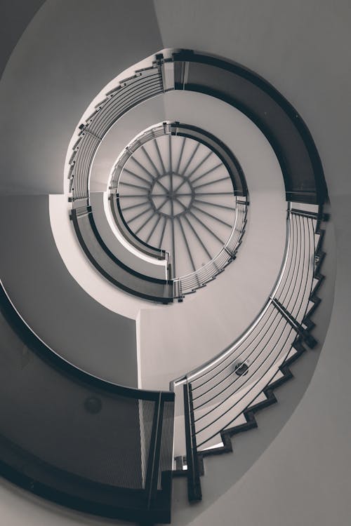 Grayscale Photo of a Spiral Staircase 
