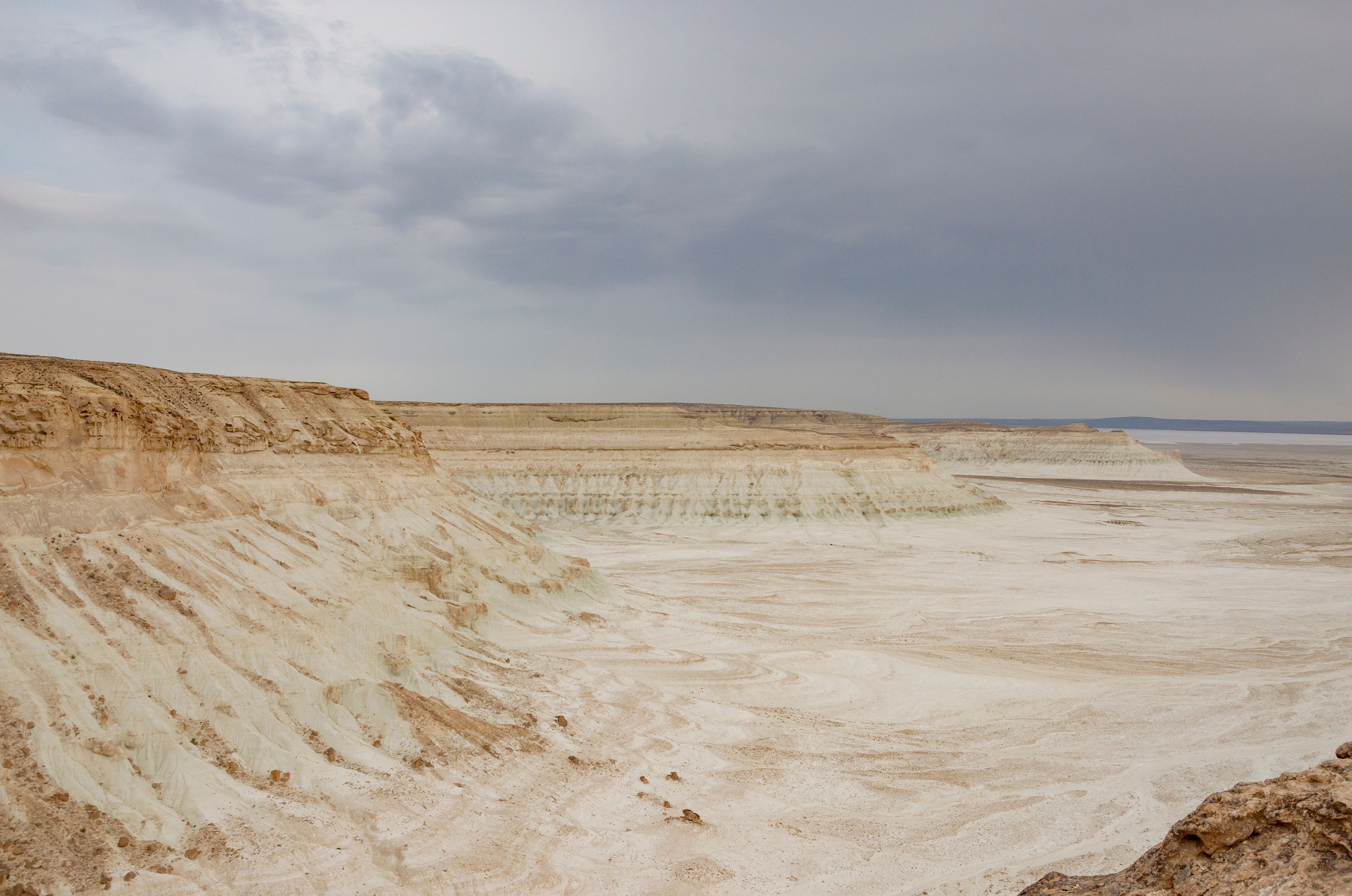 Panoramic view of the barren and vast Ustyurt Plateau in Mangystau, Kazakhstan.