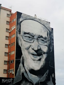 Massive black and white mural depicting a smiling man on a tall urban building.