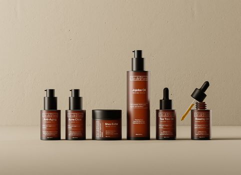 Stylish display of Ela de Pure skincare collection featuring essential oils and serums.