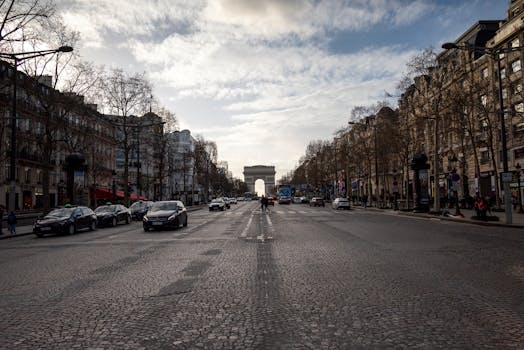 An urban street view of the Champs-Élysées leading up to the iconic Arc de Triomphe in Paris, France.