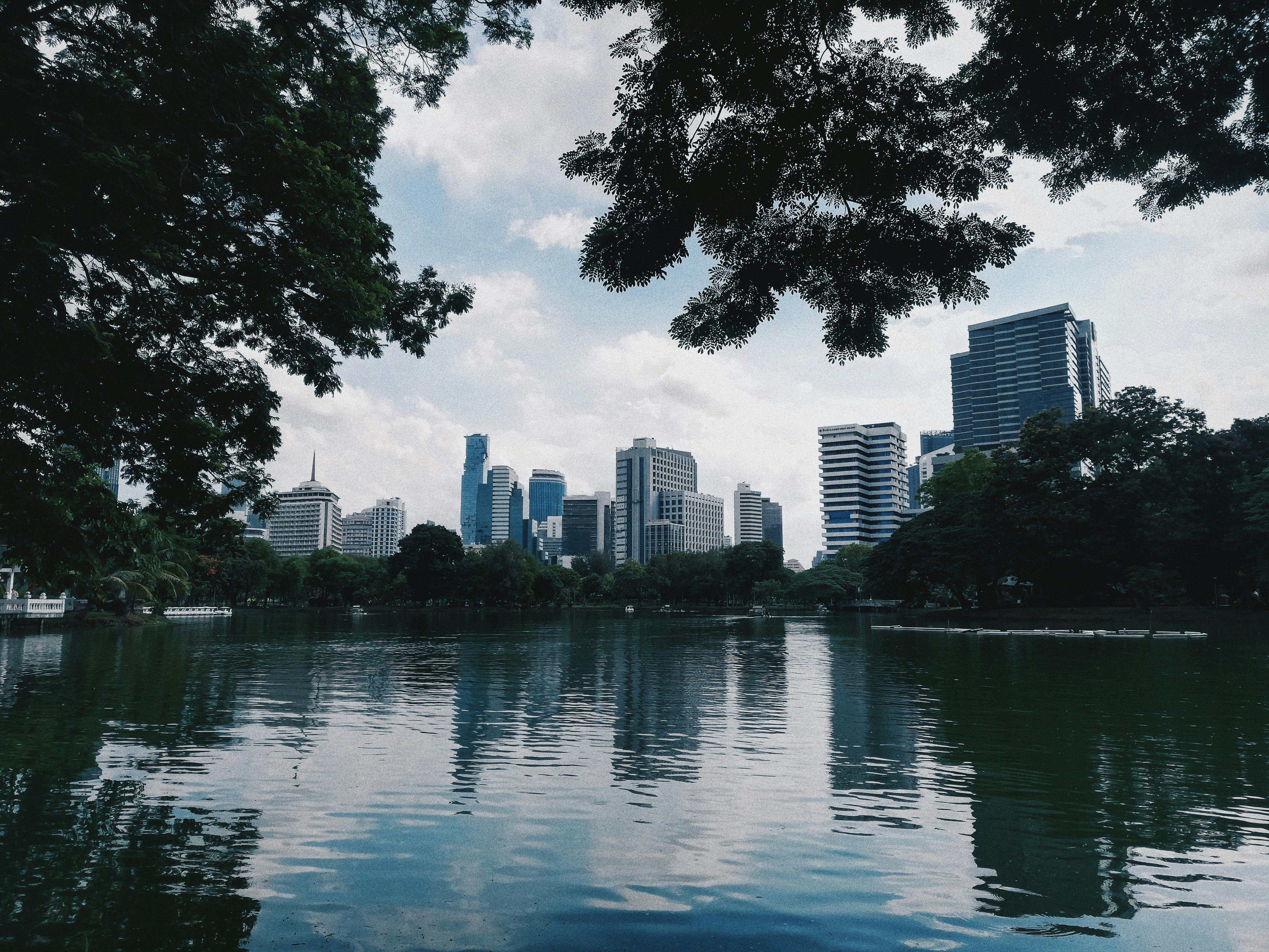 宁静的城市景观倒映在公园平静的湖面上