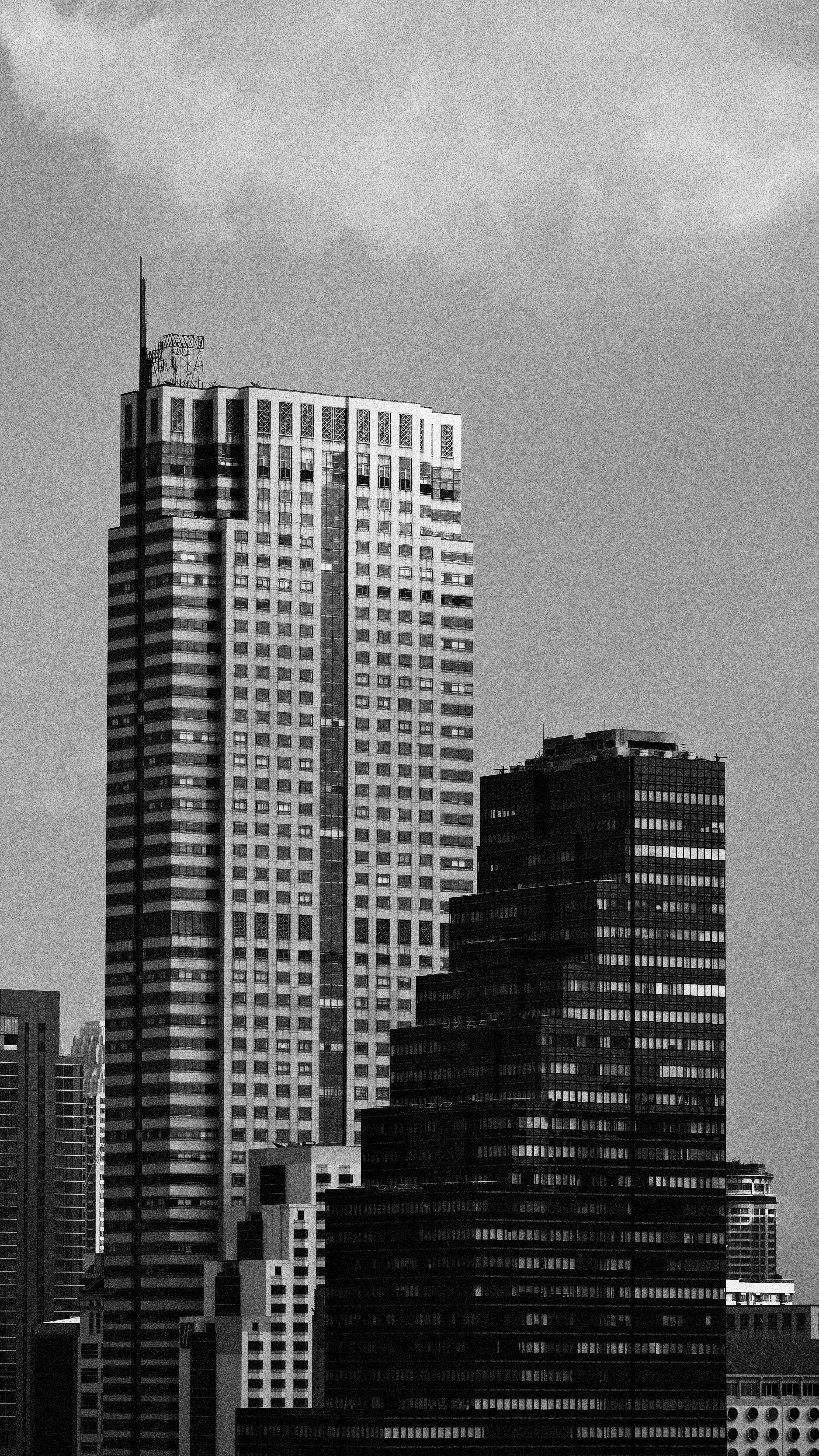 Monochrome view of Bangkok's skyscrapers showcasing urban architecture.