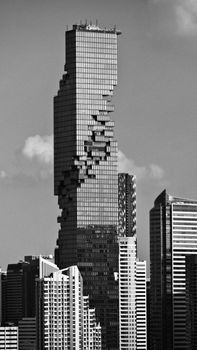 Black and white image of King Power Mahanakhon in Bangkok's skyline.