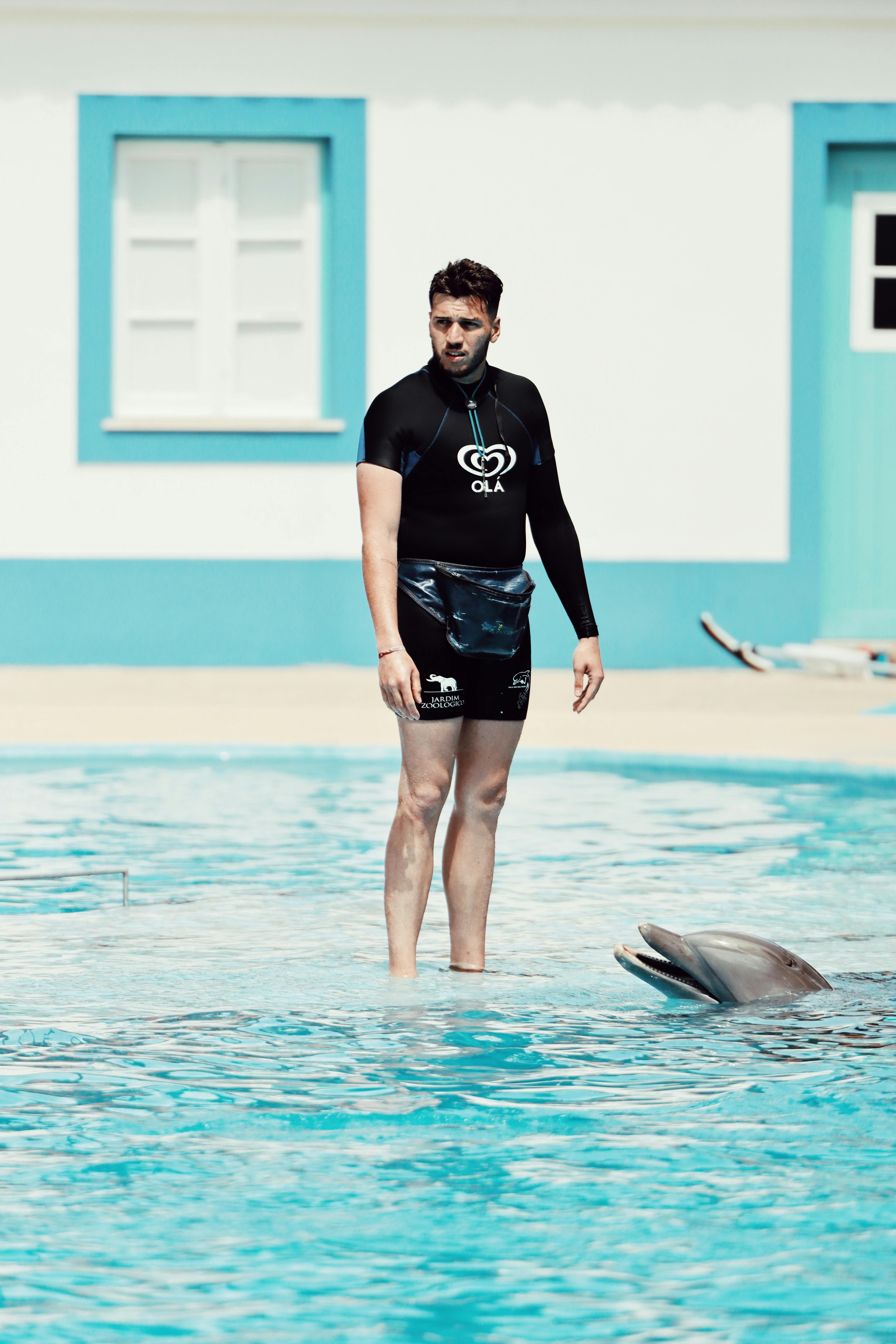 trainer standing in pool over dolphin