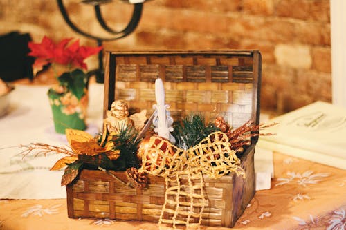 Brown Wicker Basket With Christmas Decors