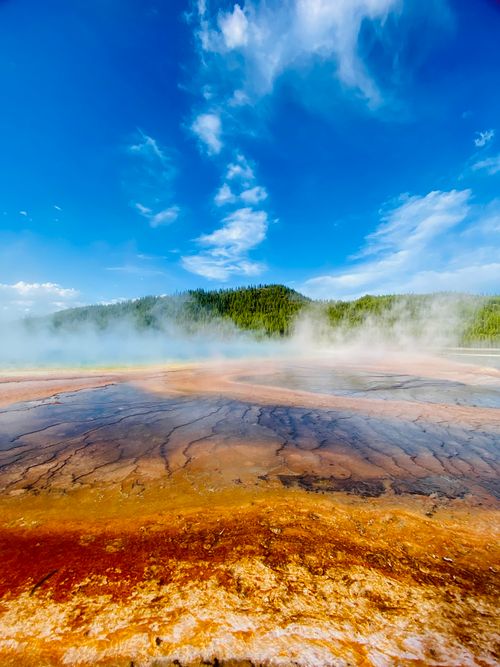 Free Vibrant view of Grand Prismatic Spring with mist and clear skies in Yellowstone National Park. Stock Photo
