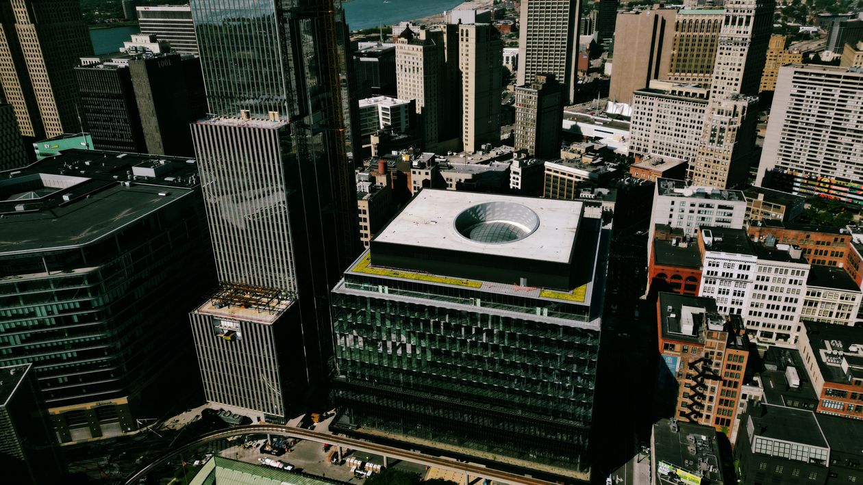 Aerial view of downtown Detroit skyline with high-rise buildings
