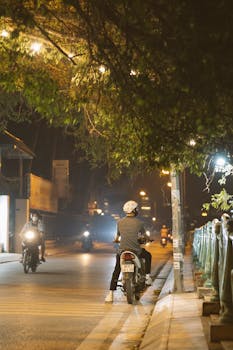 A serene street scene with mopeds under streetlights in a city at night.