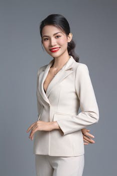 Confident businesswoman in a white suit posing for a studio portrait.