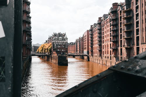 A river with buildings in the background