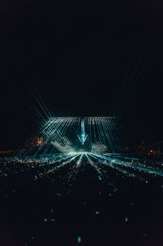 Thrilling nighttime concert event with vibrant crowd and dynamic stage lighting creating an electrifying atmosphere.