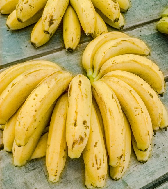 Close-up of ripe yellow bananas on a weathered wooden table in Mongaguá, Brazil.