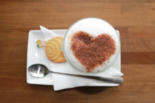 Free Heart Foam Art Beside Grey Spoon White Tray Stock Photo