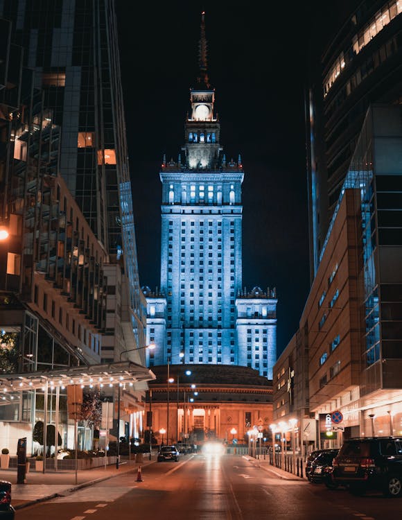 Free Photo of Street Across High-Rise Building during Night Time Stock Photo