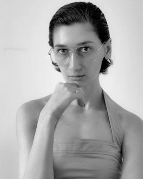 Monochrome portrait of a woman wearing glasses, showcasing minimalist fashion style.