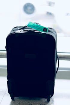 机场环境中，特写镜头对准带有客舱批准标签的黑色行李箱
