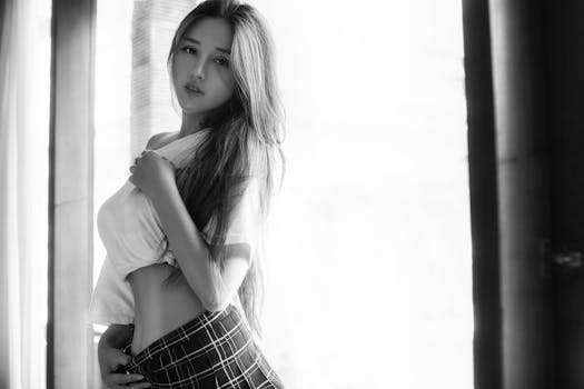 一幅时尚的黑白肖像中，一位女士摆出休闲的姿势，散发着优雅的气质