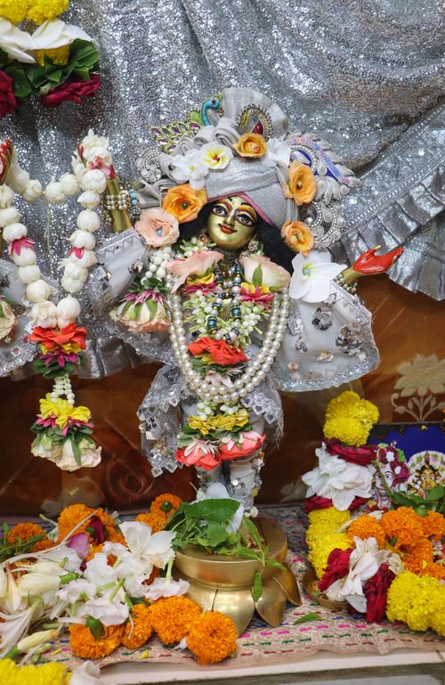 Free A vibrant altar featuring a Hindu deity adorned with colorful flowers and intricate decorations. Stock Photo