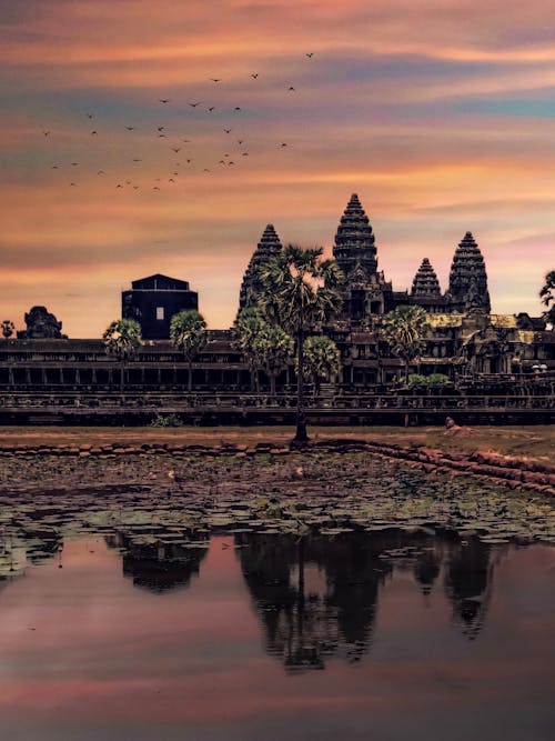 View of Angkor Wat in Cambodia during Sunset