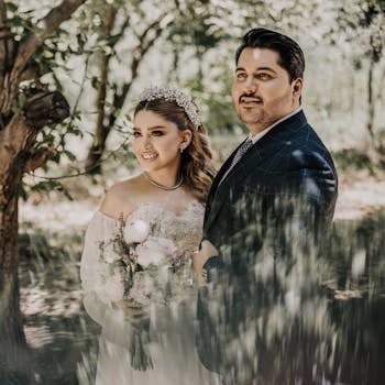 Elegant outdoor wedding portrait of a joyful couple surrounded by nature.