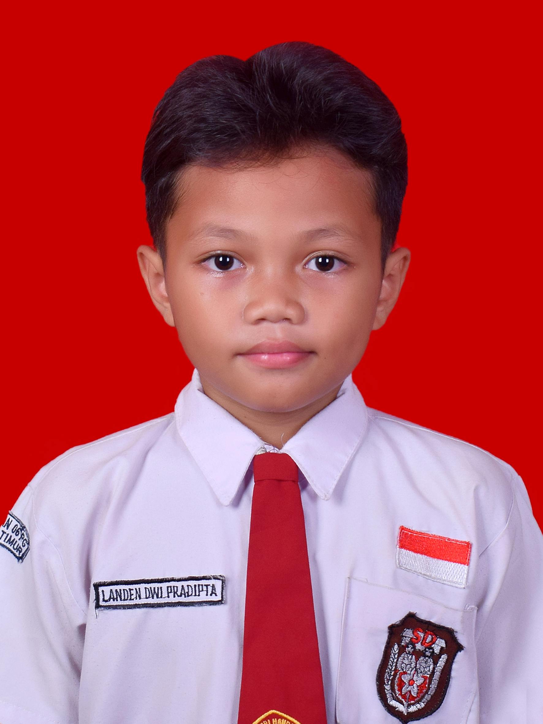 Young boy in school uniform against a red backdrop, smiling slightly.