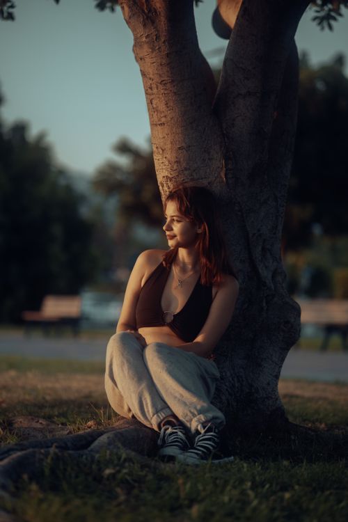 Free A woman sits thoughtfully against a tree in a serene park setting, captured in soft light. Stock Photo