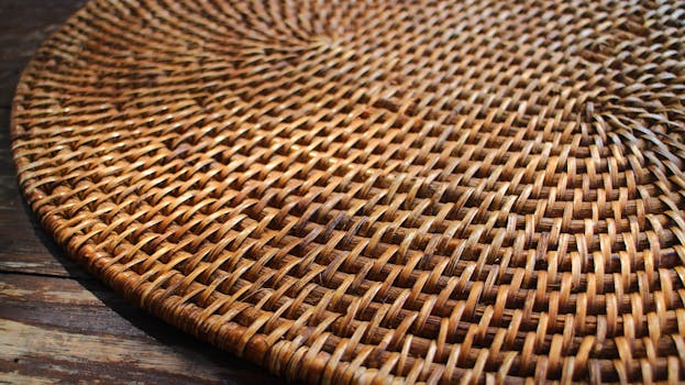 Round Wicker Board on Wooden Surface