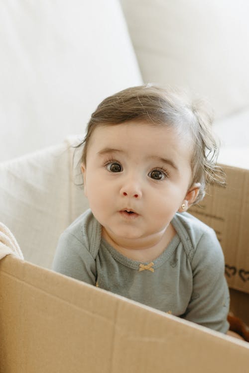 Free A baby in a cardboard box with the words, how to pack a baby's room Stock Photo