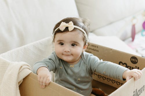 Free A baby girl in a cardboard box with a bow on her head Stock Photo