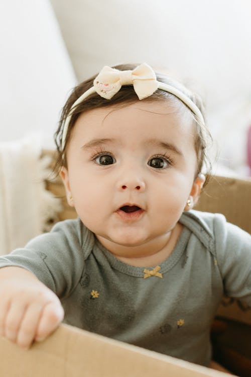 Free A baby girl in a box with a bow on her head Stock Photo