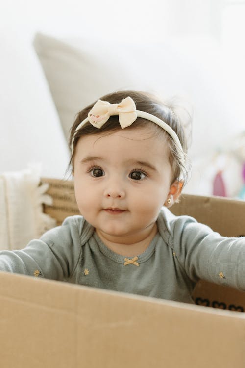 Free A baby girl in a cardboard box with a bow on her head Stock Photo