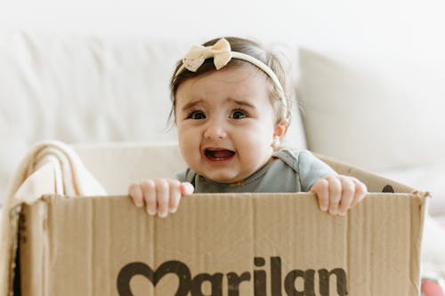 Free A baby girl is sitting in a cardboard box Stock Photo