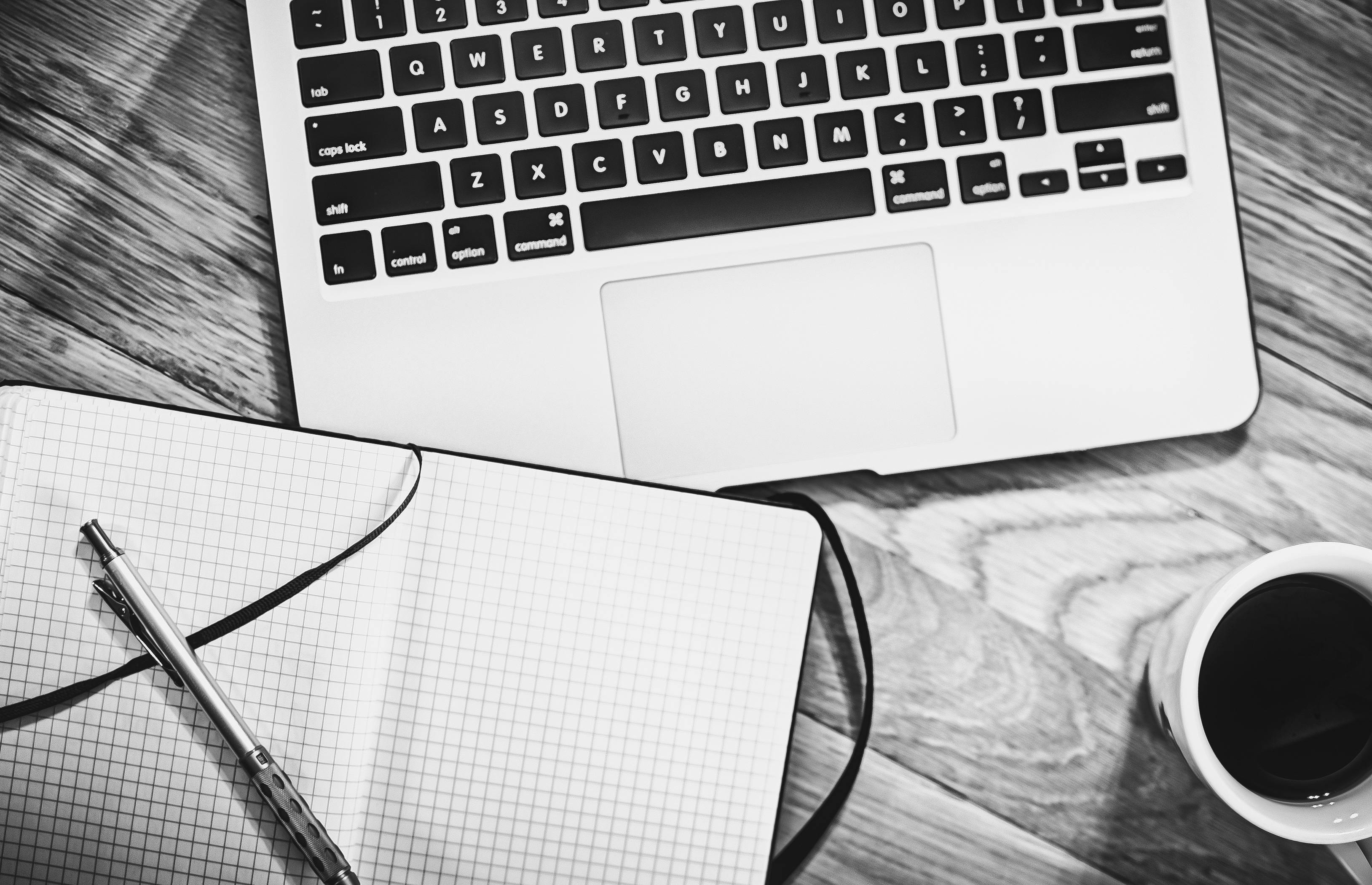 Free stock photo of black-and-white, coffee, desk, laptop