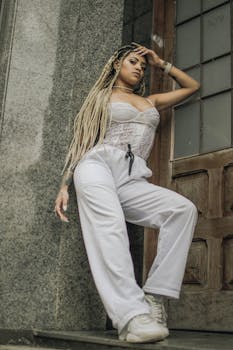 一位时尚女性穿着休闲装，在户外的石墙上摆姿势