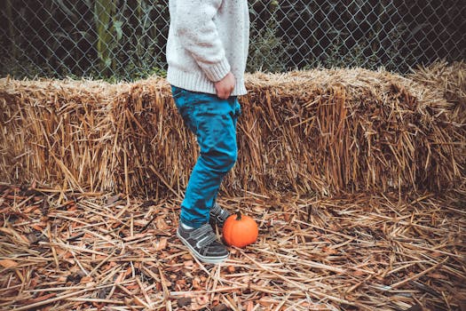 A young child stands on straw with a small pumpkin, showcasing a cozy countryside autumn scene.