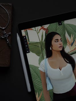 Artistic digital rendering of a woman on a tablet screen, showcasing modern creativity.