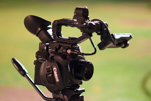 Close-up of professional video camera on a tripod outdoors, perfect for videography setups.