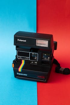 Retro Polaroid 635 CL camera on red and blue split background, studio shot.