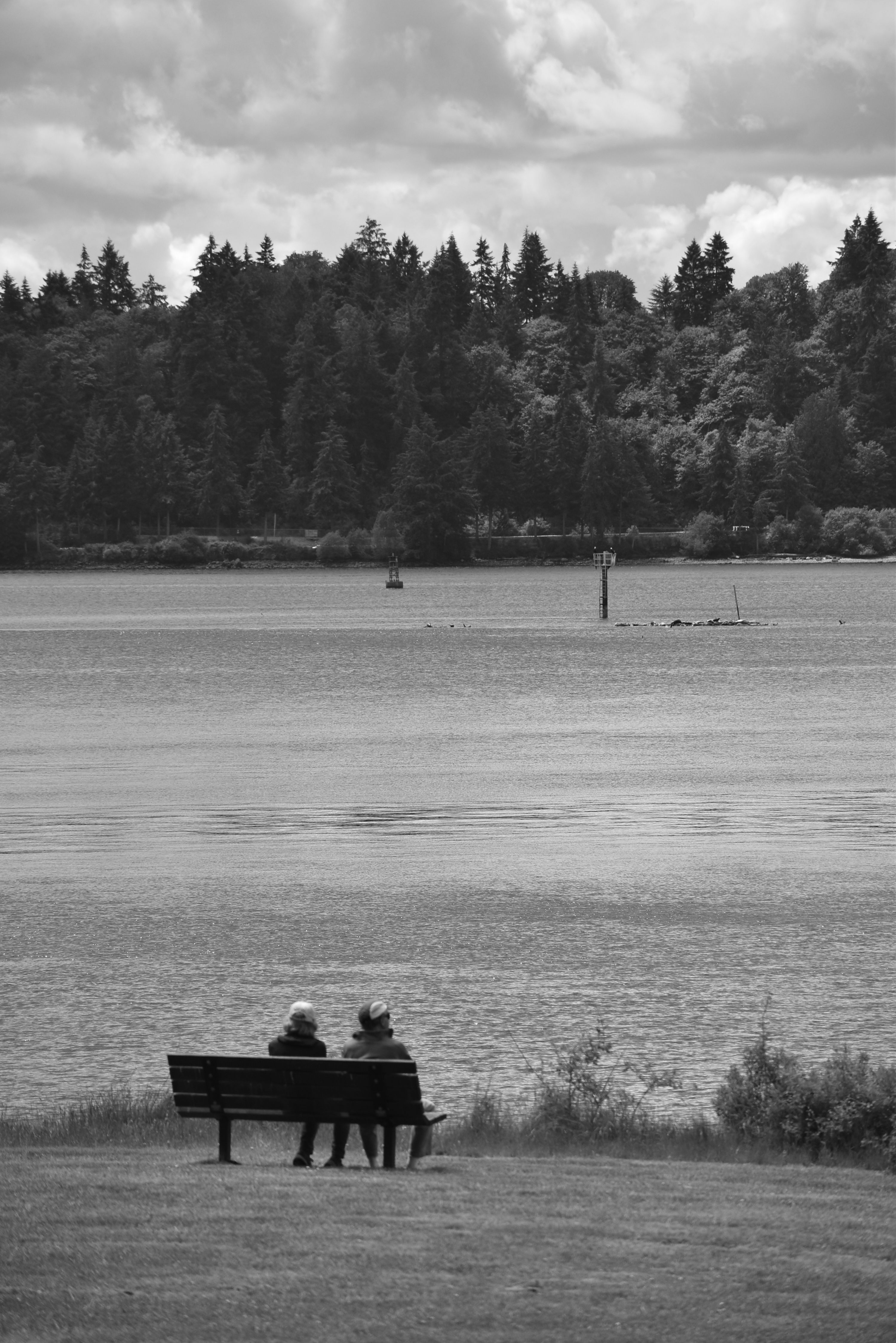 Two people sitting on a bench overlooking a body of water · Free Stock ...