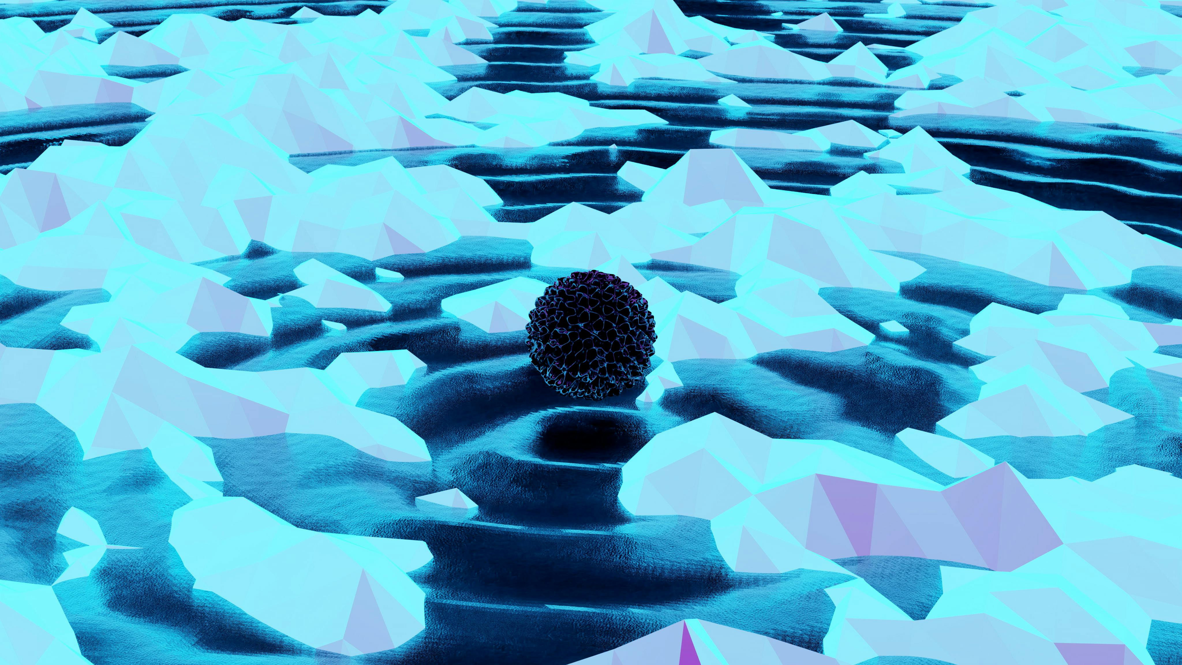 A surreal abstract landscape with geometric ice formations and a central dark sphere.