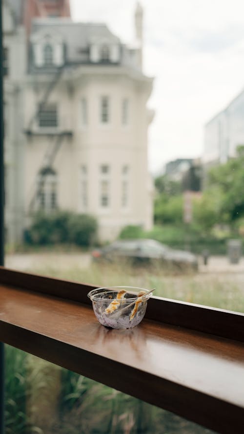 A bowl of food sits on a window sill