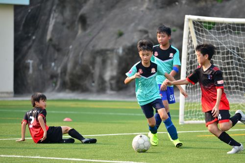 Free Boys playing a lively soccer match on a sunny soccer field, showcasing teamwork and sportsmanship. Stock Photo