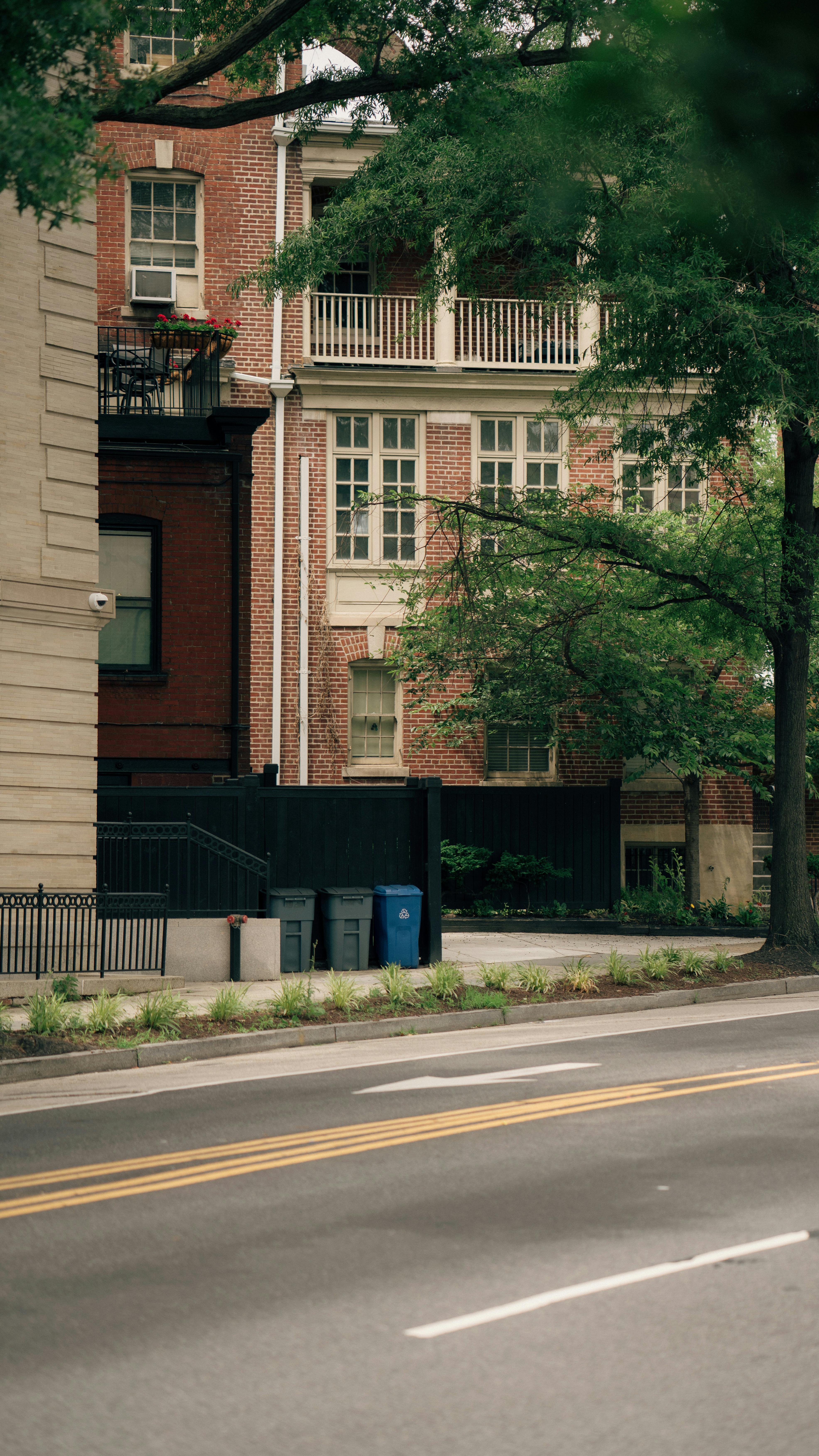 Charming urban street scene featuring historic brick buildings and green trees.