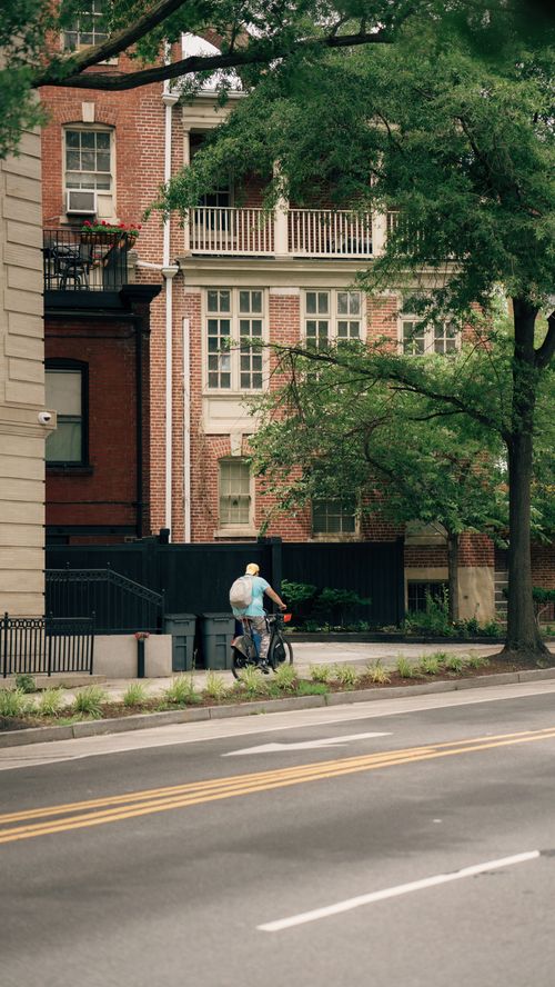 Free A person rides a bicycle along a quiet city street lined with trees and brick buildings. Stock Photo
