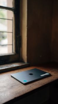 A closed laptop resting on a wooden desk near a window, creating a serene workspace ambiance.