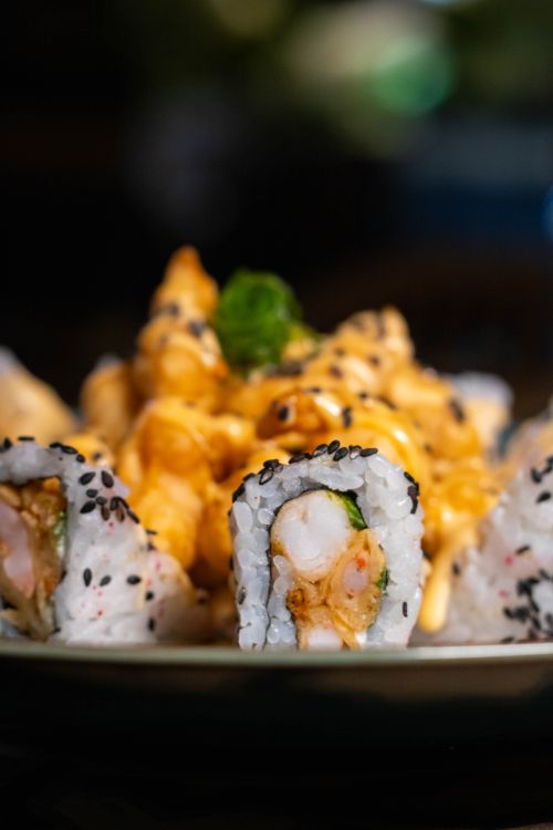 Free Close-up of sushi rolls featuring shrimp and sesame seeds, perfect for food lovers. Stock Photo