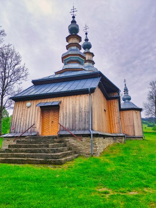 Free Wooden Orthodox church with unique architecture in scenic Turzańsk, Poland. Stock Photo